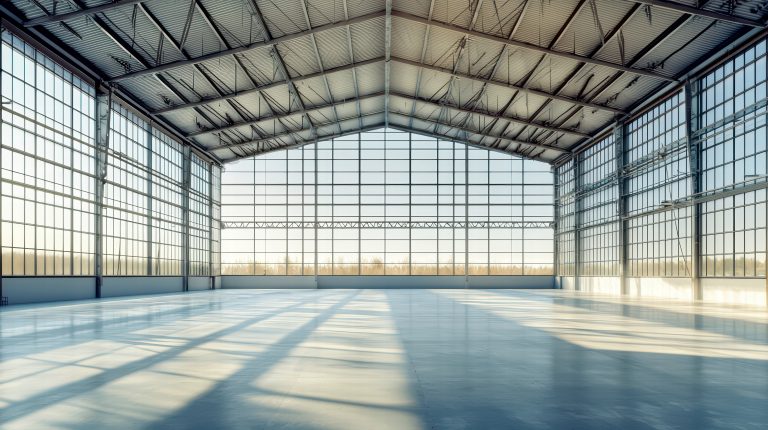 spacious industrial warehouse: a vast, modern warehouse interior with high ceilings, expansive windows, and a polished concrete floor, radiating a sense of scale and possibility.