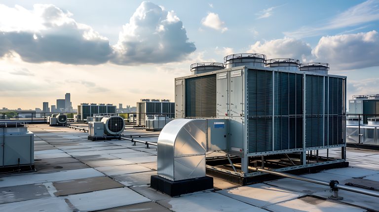rooftop hvac units and cooling towers with city skyline and clouds in the background during a bright sunny day
